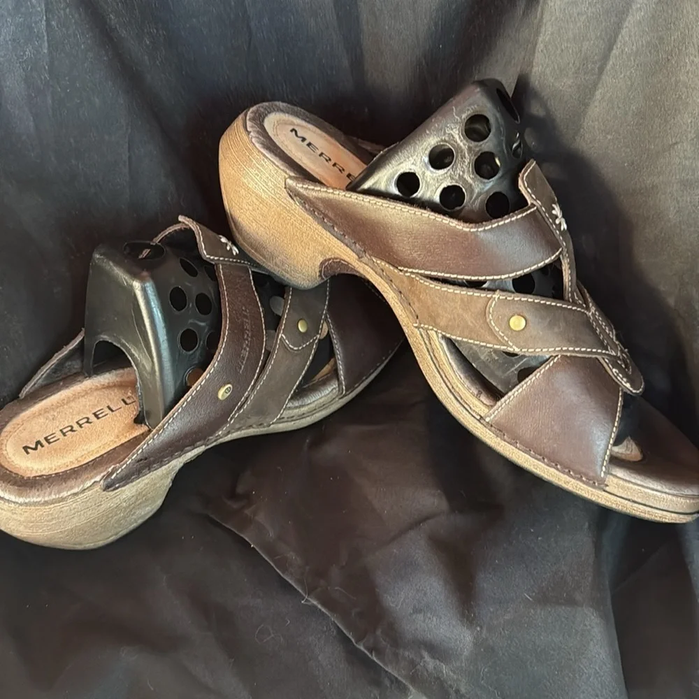 🍍 Merrell Luxe Slide Mink Sandals Brown Leather Women's Size 8 Wedge Heel🍍